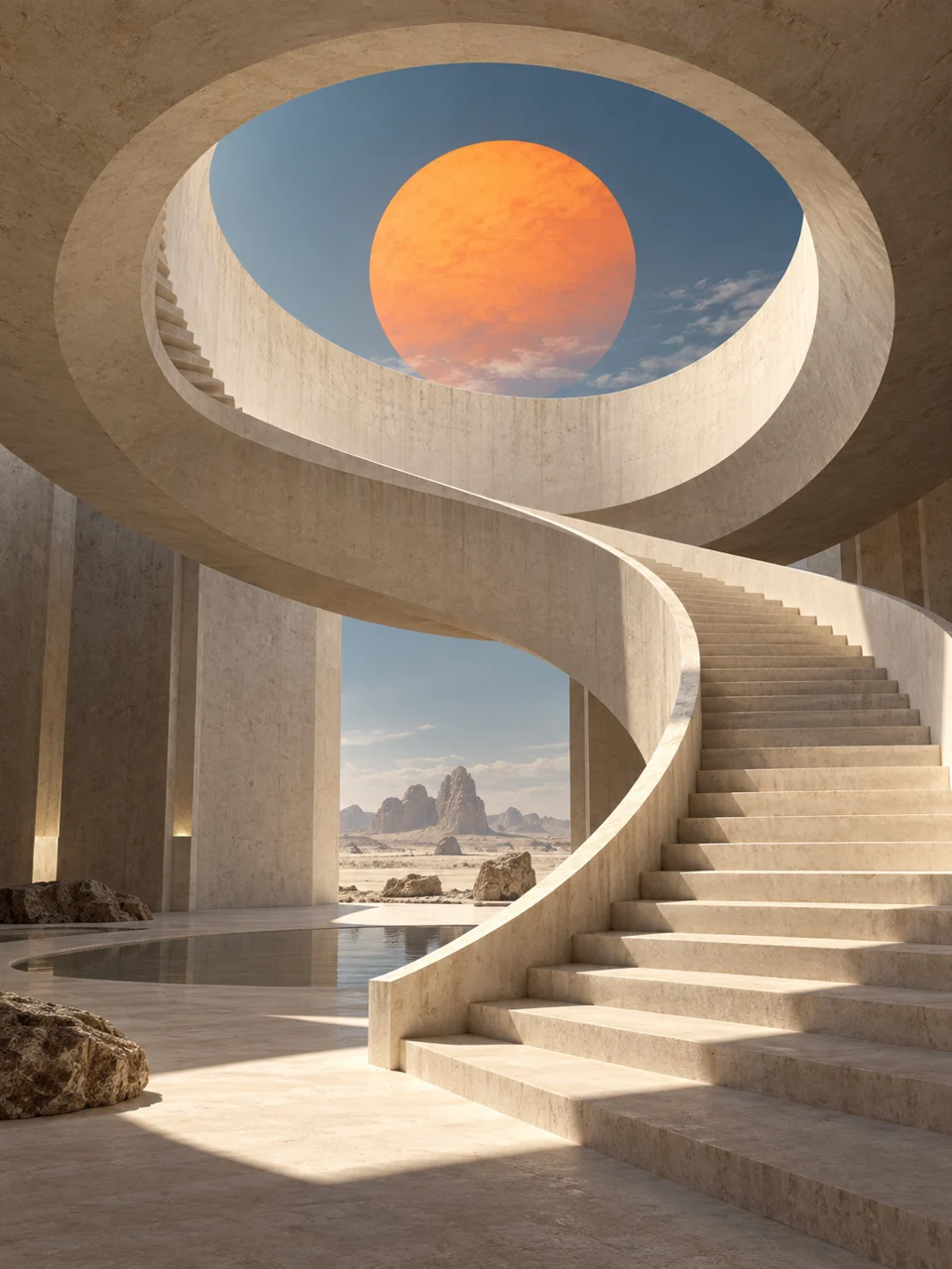 円形の天窓と曲線の階段がつくる幻想的な白い建築空間のAI生成イメージ