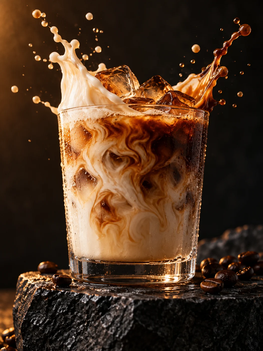 コーヒーとミルクの躍動感を表現したAI生成のドリンク広告イメージ